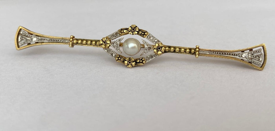 Broche Belle Époque - Broche en or jaune 18k, perle et diamants 58 Facettes brooch