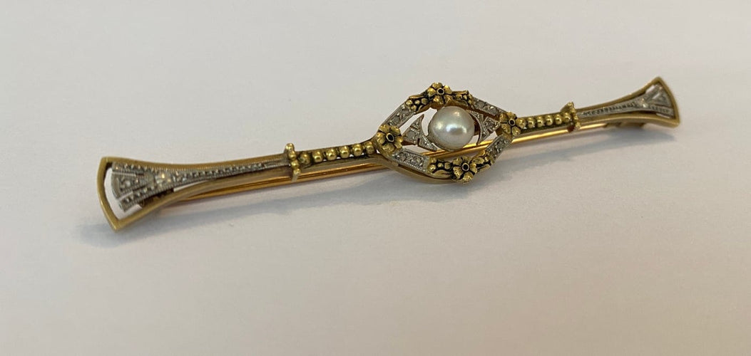 Broche Belle Époque - Broche en or jaune 18k, perle et diamants 58 Facettes brooch