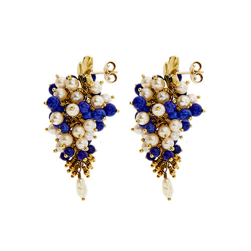 Boucles d'oreilles Boucles d’oreilles pendantes en or jaune 18 ct avec lapis-lazuli et perles 58 Facettes 38682