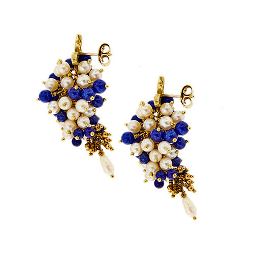 Boucles d'oreilles Boucles d’oreilles pendantes en or jaune 18 ct avec lapis-lazuli et perles 58 Facettes 38682