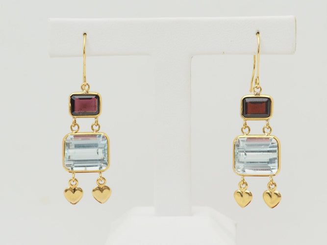 Boucles d'oreilles Boucles d'oreilles pendantes en or jaune 18K, aigues-marines et grenats 58 Facettes 32333