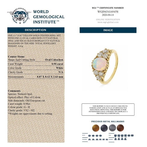 Bague 55 Bague victorienne en or jaune 18k, opale 0,90 ct et diamants taille ancienne 0,90 ct 58 Facettes VI-0002