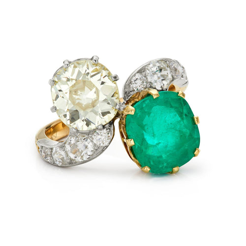 Bague 54 Bague Toi et Moi édouardienne en or jaune 18k et platine, émeraude colombienne et diamants 58 Facettes VI-0007