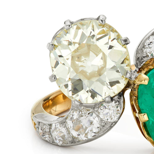 Bague 54 Bague Toi et Moi édouardienne en or jaune 18k et platine, émeraude colombienne et diamants 58 Facettes VI-0007