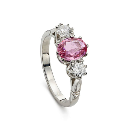 Bague 56 Bague de fiançailles en platine, saphir rose et diamants taille ancienne 58 Facettes VI-0024