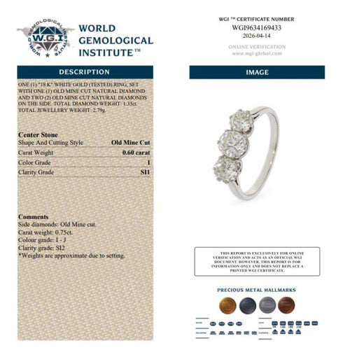 Bague 53 Bague édouardienne trois pierres en diamants taille ancienne, or blanc 18k 58 Facettes VI-0029