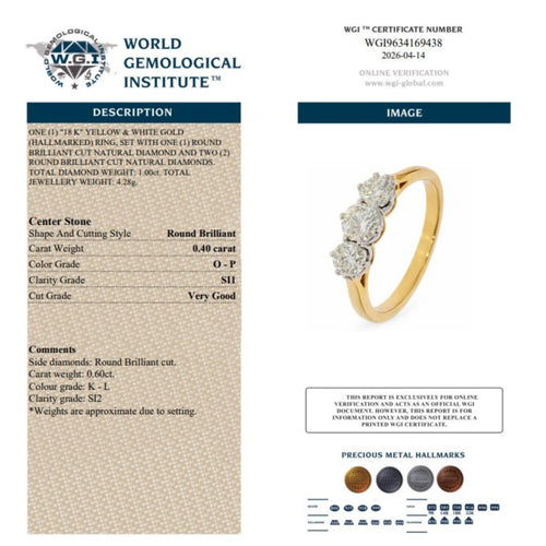 Bague 54 Bague de fiançailles trois pierres en or jaune et blanc 18k, diamants 58 Facettes VI-0037