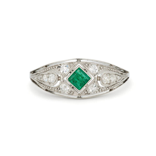 Bague 58 Bague Art déco en or blanc 18k, émeraude 0,25 ct et diamants 58 Facettes VI-0038