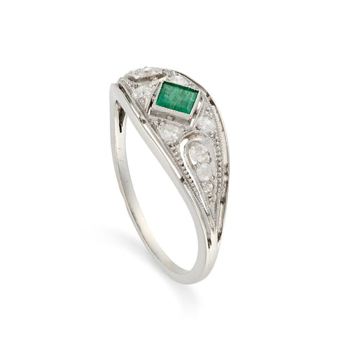 Bague 58 Bague Art déco en or blanc 18k, émeraude 0,25 ct et diamants 58 Facettes VI-0038