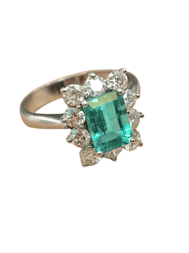 Bague cluster en or blanc 18 ct, émeraude de Colombie