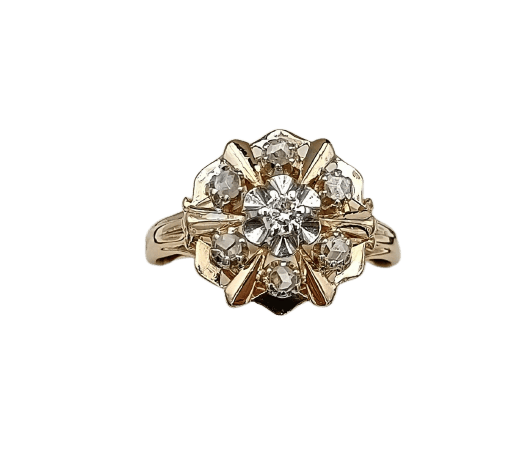 Bague rétro fleur en or 18k deux tons et diamants