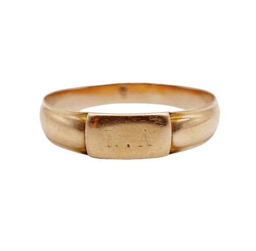 Chevalière antique en or rose 18k gravée L.A., vers 1910