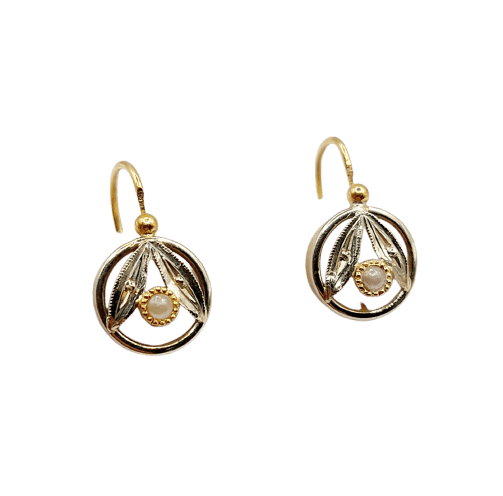 Dormeuses fleurs en or blanc et jaune 18k avec perle