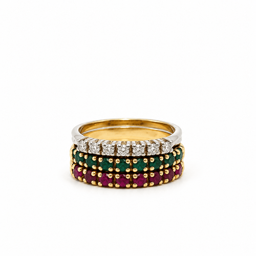 Bague 54 Ensemble de bagues empilables en or jaune 750, rubis, émeraudes et diamants 58 Facettes 50535