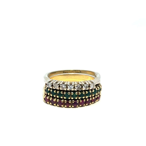Bague 54 Ensemble de bagues empilables en or jaune 750, rubis, émeraudes et diamants 58 Facettes 50535