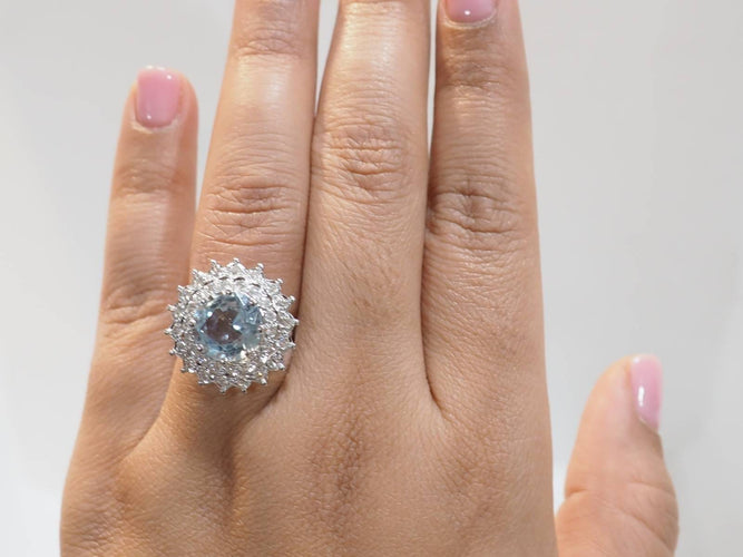 Bague 52.5 Bague entourage vintage aigue-marine, diamants, or blanc et platine 58 Facettes