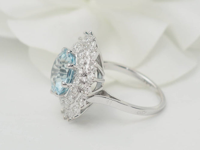 Bague 52.5 Bague entourage vintage aigue-marine, diamants, or blanc et platine 58 Facettes