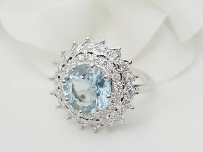 Bague 52.5 Bague entourage vintage aigue-marine, diamants, or blanc et platine 58 Facettes
