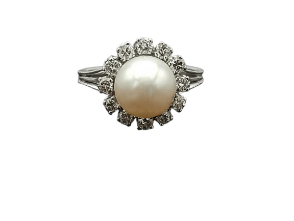 Bague vintage en or 18k, perle de culture et diamants