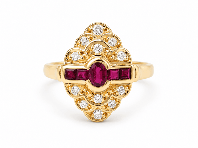 Bague 54 Bague marquise vintage en or jaune, rubis et diamants 58 Facettes 33457