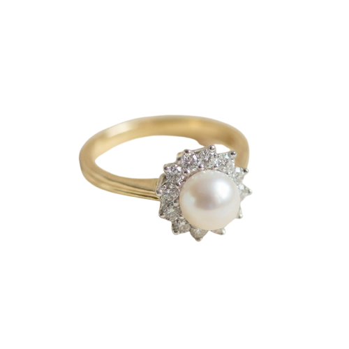 Bague vintage en or jaune, perle et diamants