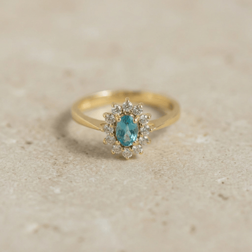 Bague 57 Bague vintage en or jaune 18k, aigue-marine et diamants 58 Facettes HJ062680