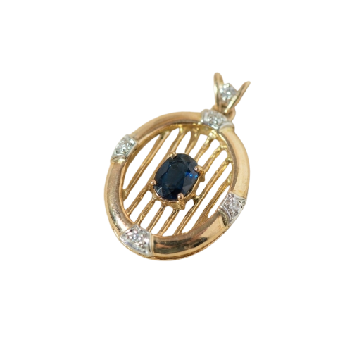 Pendentif vintage en or jaune 14k, saphir et diamants