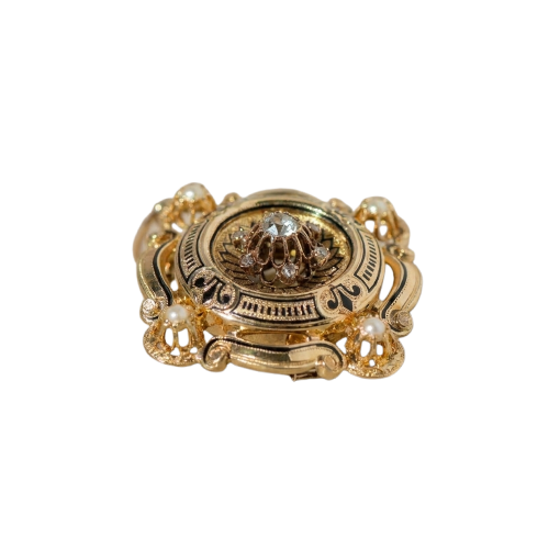 Broche édouardienne en or jaune 18k, diamants et perles