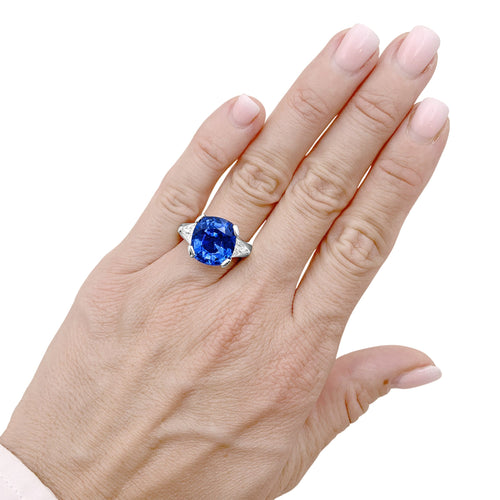 Bague 51 Bague en platine, saphir coussin et diamants triangles 58 Facettes 36038