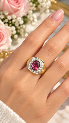 Bague 55 Bague chevalière en or jaune 14k, platine et rubellite 58 Facettes 50541