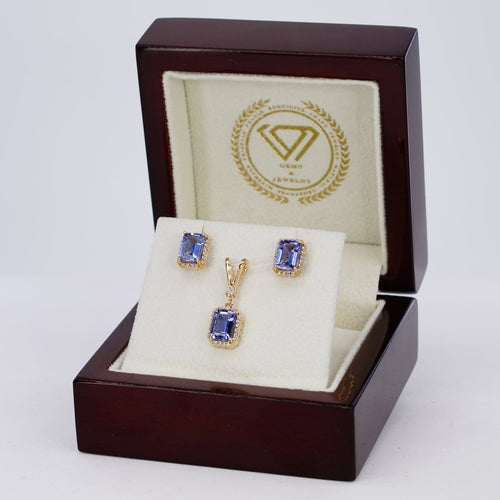 Boucles d'oreilles Violet Cascade - Parure en or jaune 14 kt, tanzanites et diamants 58 Facettes S003