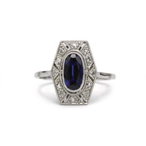 Bague 53 Bague Art déco en or blanc 750, diamants et saphir 58 Facettes SA065