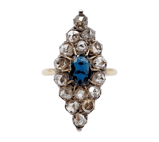 Bague marquise ancienne en or 18k, argent, saphir et diamants