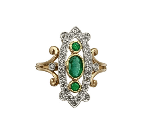Bague marquise en or 18k, émeraudes et diamants