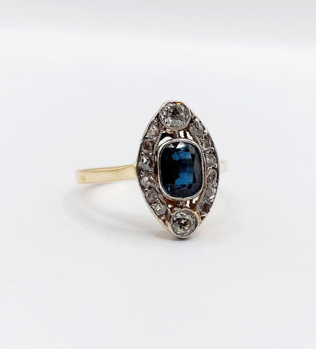 Bague 51.5 Bague marquise ancienne en or 18k et platine, saphir et diamants, vers 1920 58 Facettes A07898