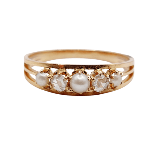 Bague 59 Bague jarretière en or rose 18k, perles et diamants taille rose, vers 1900 58 Facettes A07899