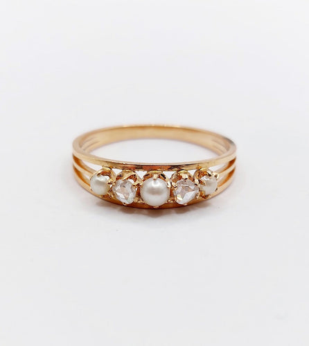 Bague 59 Bague jarretière en or rose 18k, perles et diamants taille rose, vers 1900 58 Facettes A07899