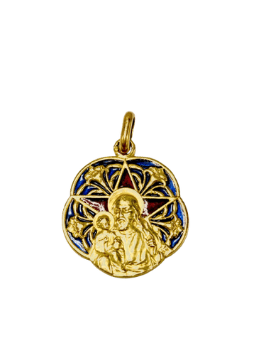 Pendentif Médaille religieuse - Or jaune 750/1000, émail plique-à-jour, Joseph et l’Enfant Jésus 58 Facettes Pendentif-7