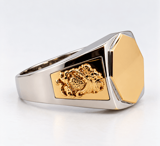 Bague 62 Chevalière homme en or bicolore 18 carats 58 Facettes Tri