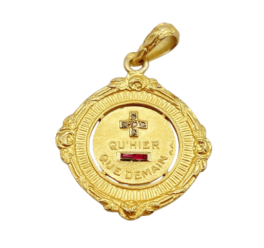 Augis - Pendentif médaille d’amour en or 18k, diamants taille rose et rubis