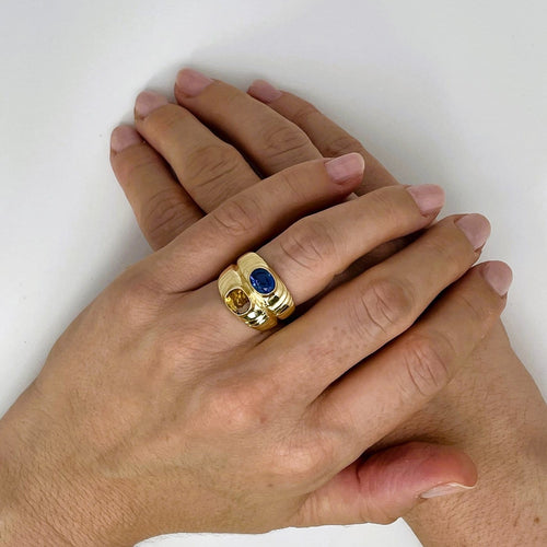 Bague 55 Bague Toi et Moi en or jaune 18k avec saphirs bleus et jaunes 58 Facettes LMB-380