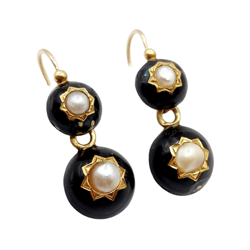 Boucles d'oreilles Boucles d’oreilles dormeuses victoriennes en or 18k, perles et émail noir (vers 1890) 58 Facettes A07912