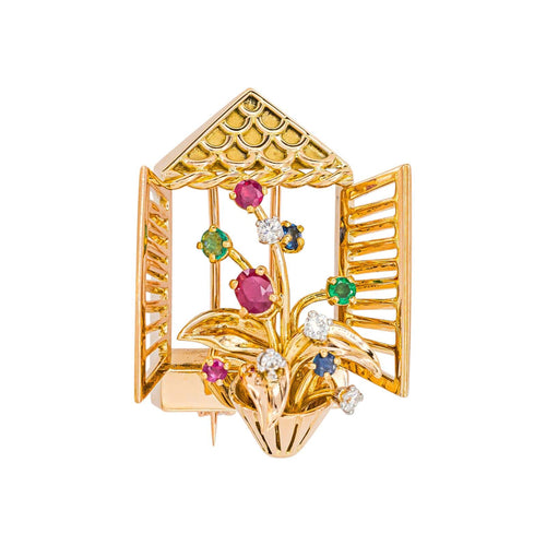 Broche Broche en or rose et jaune 18k, rubis, diamants, saphirs et émeraudes 58 Facettes 4972202RV
