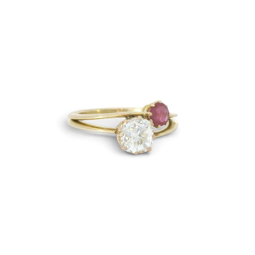 Bague 57 Bague toi et moi en or jaune 18 carats, diamant taille ancienne et rubis 58 Facettes 455