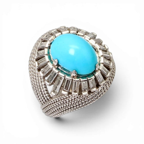 Bague 50 Bague dôme en or gris 18k, turquoise et diamants taille baguette 58 Facettes