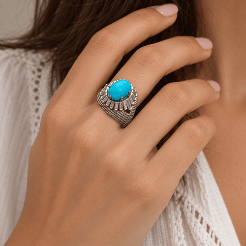 Bague 50 Bague dôme en or gris 18k, turquoise et diamants taille baguette 58 Facettes
