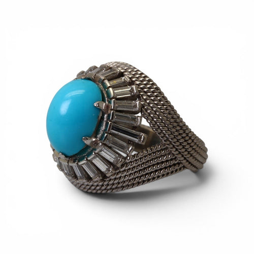 Bague 50 Bague dôme en or gris 18k, turquoise et diamants taille baguette 58 Facettes
