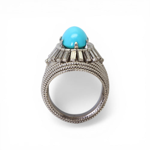 Bague 50 Bague dôme en or gris 18k, turquoise et diamants taille baguette 58 Facettes