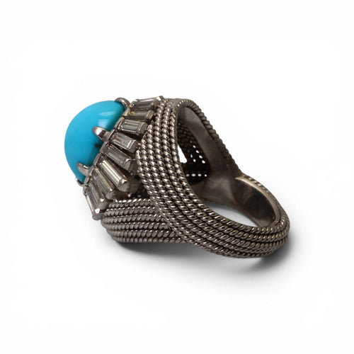 Bague 50 Bague dôme en or gris 18k, turquoise et diamants taille baguette 58 Facettes
