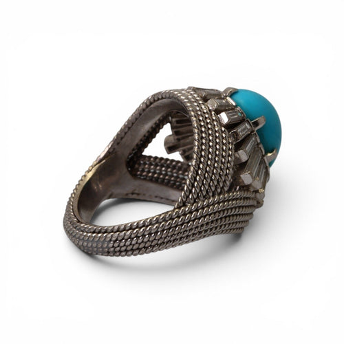 Bague 50 Bague dôme en or gris 18k, turquoise et diamants taille baguette 58 Facettes